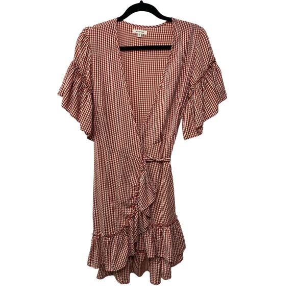 Max Studio Gingham Check Ruffle V Neck Knee Length Wrap Dress Red Women's Medium - Picture 2 of 10